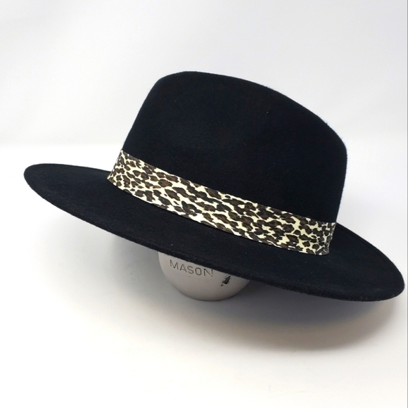 NINE WEST BLACK FEDORA HAT 100% WOOL CHEETAH PRINT BAND WOMEN OS - Picture 1 of 13